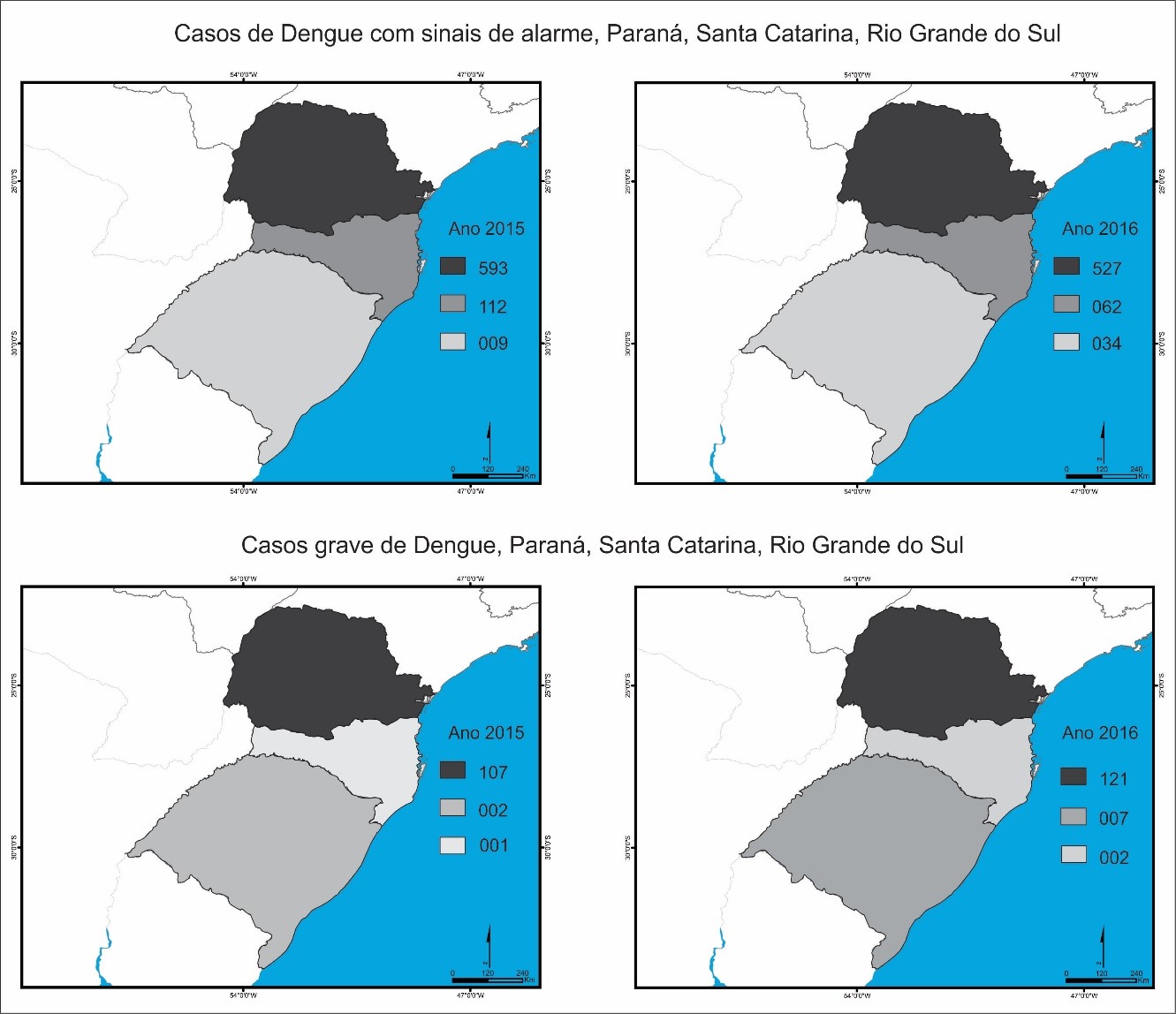 Número de casos confirmados de dengue grave e de dengue com sinais de alarme no Paraná, Santa Catarina e Rio Grande do Sul em 2015 e 2016