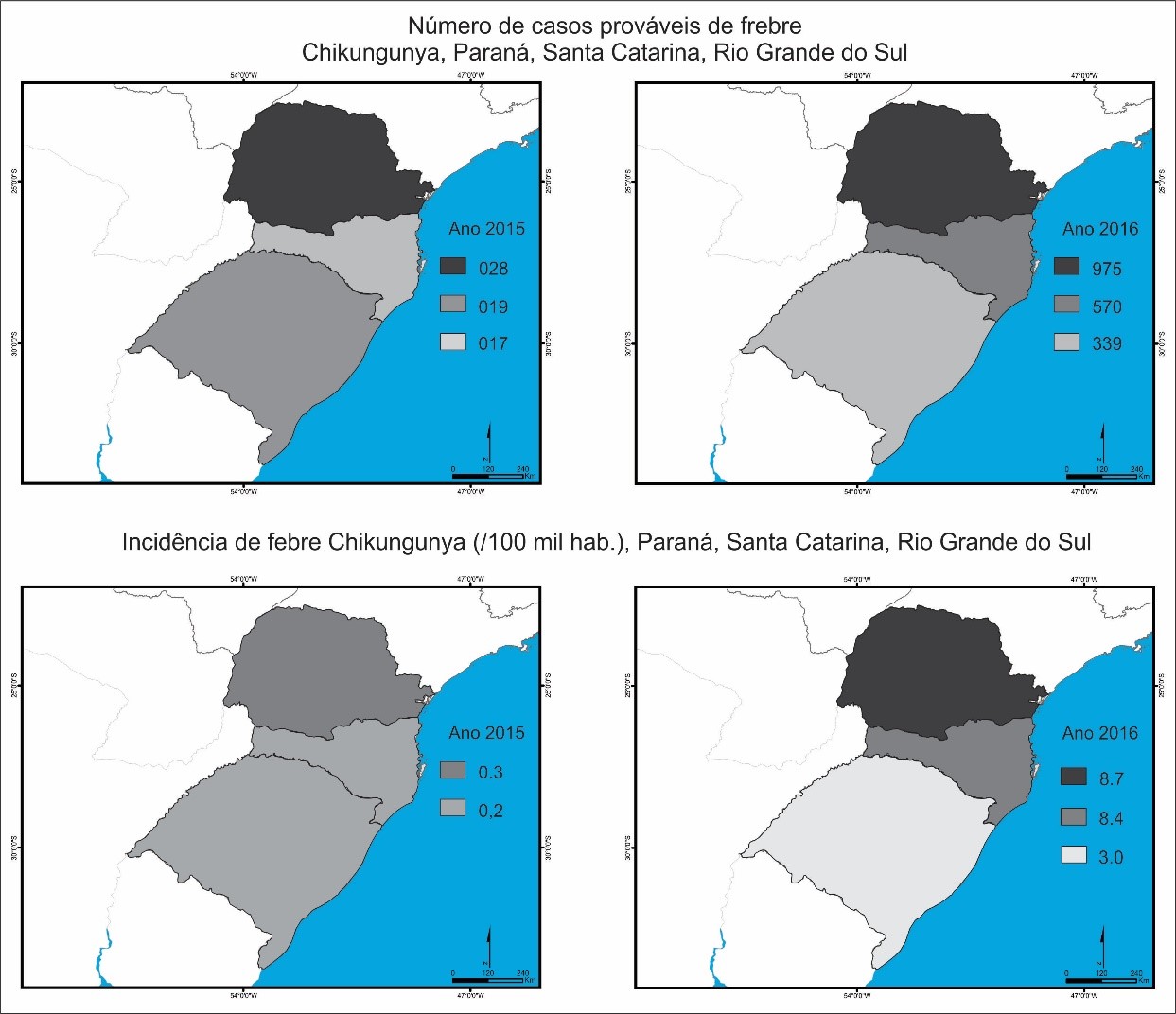 Número de casos prováveis de febre chikungunya e taxa de incidência no Paraná, Santa Catarina e Rio Grande do Sul em 2015 e 2016