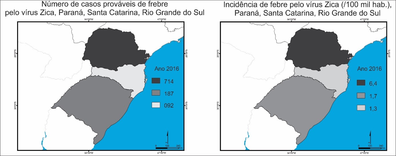 Número de casos prováveis e taxa de incidência de febre pelo vírus Zika, Paraná, Santa Catarina, Rio Grande do Sul em 2016
