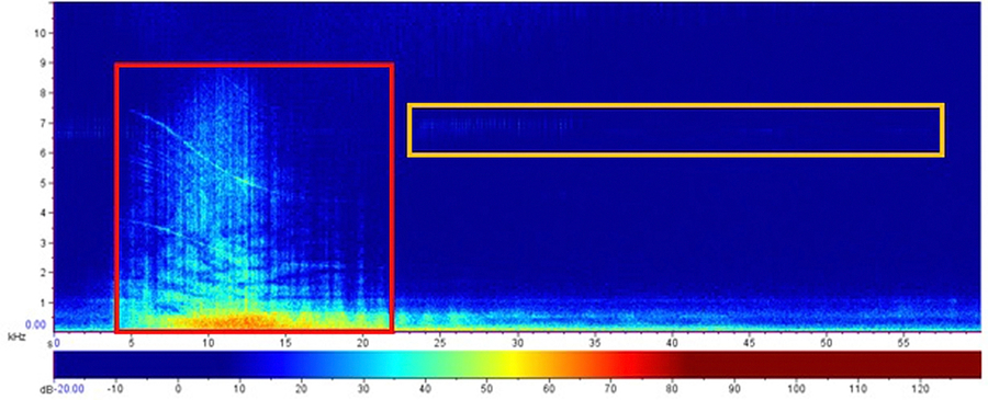 Paisagem acústica da Restinga do Foguete às 16:15h do dia 23/09/2018, indicando biofonia (inseto) em amarelo e antropofonia (avião), em vermelho