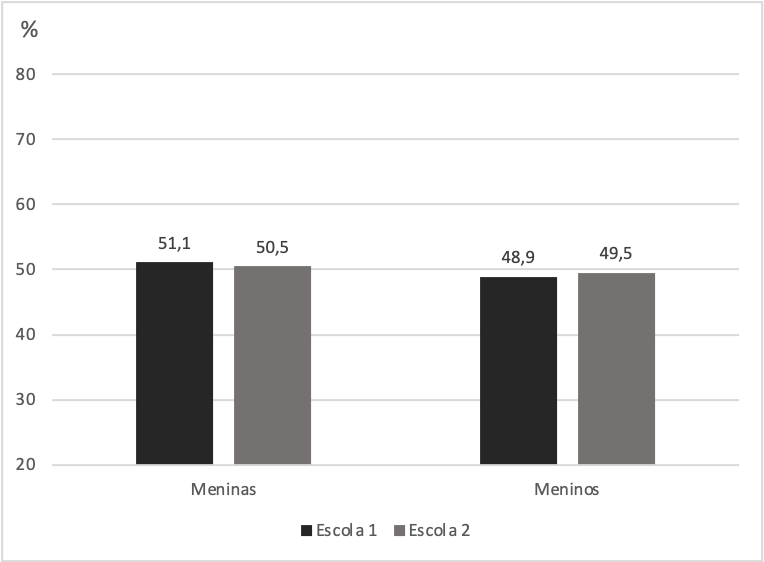 Frequência percentual de estudantes segundo idade, sexo e Escolas 1 e 2, da rede pública de ensino do município de Macaé, 2018. Escolas 1 (n=92) e 2 (n=99)