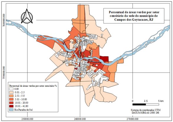 Mapa do percentual de áreas verdes (PAV) por setor censitário da sede do município de Campos dos Goytacazes, RJ