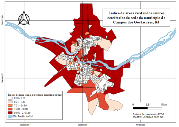 Mapa do índice de áreas verdes (IAVHab) por setor censitário da sede do município de Campos dos Goytacazes, RJ