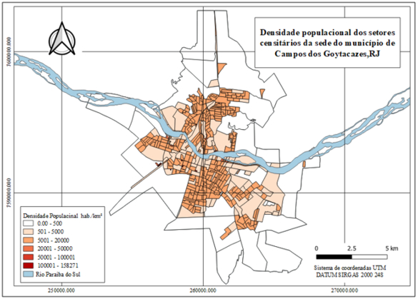 Mapa da densidade populacional por setor censitário da sede do município de Campos dos Goytacazes, RJ