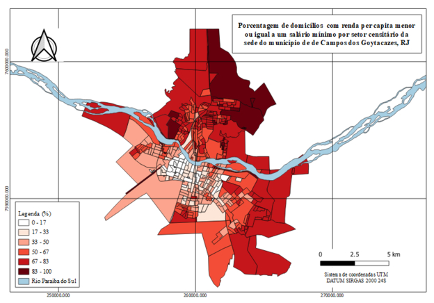 Mapa da porcentagem de domicílios com renda per capita menor ou igual a um salário mínimo por setor censitário da sede do município de Campos dos Goytacazes, RJ