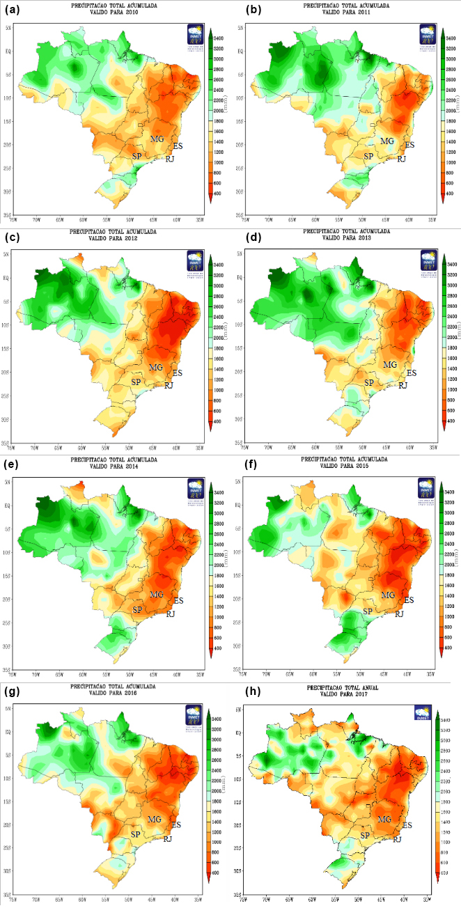 Precipitação total acumulada no Brasil: (a) 2010, (b) 2011, (c) 2012, (d) 2013, (e) 2014, (f) 2015, (g) 2016 e (h) 2017