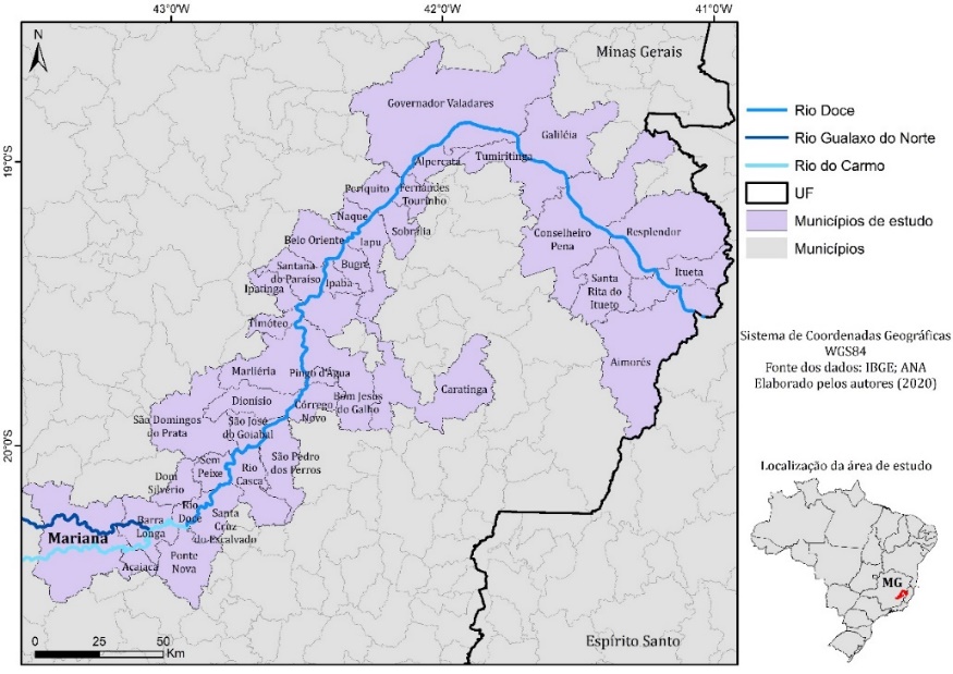 Localização da área do desastre e os municípios atingidos no estado de Minas Gerais
