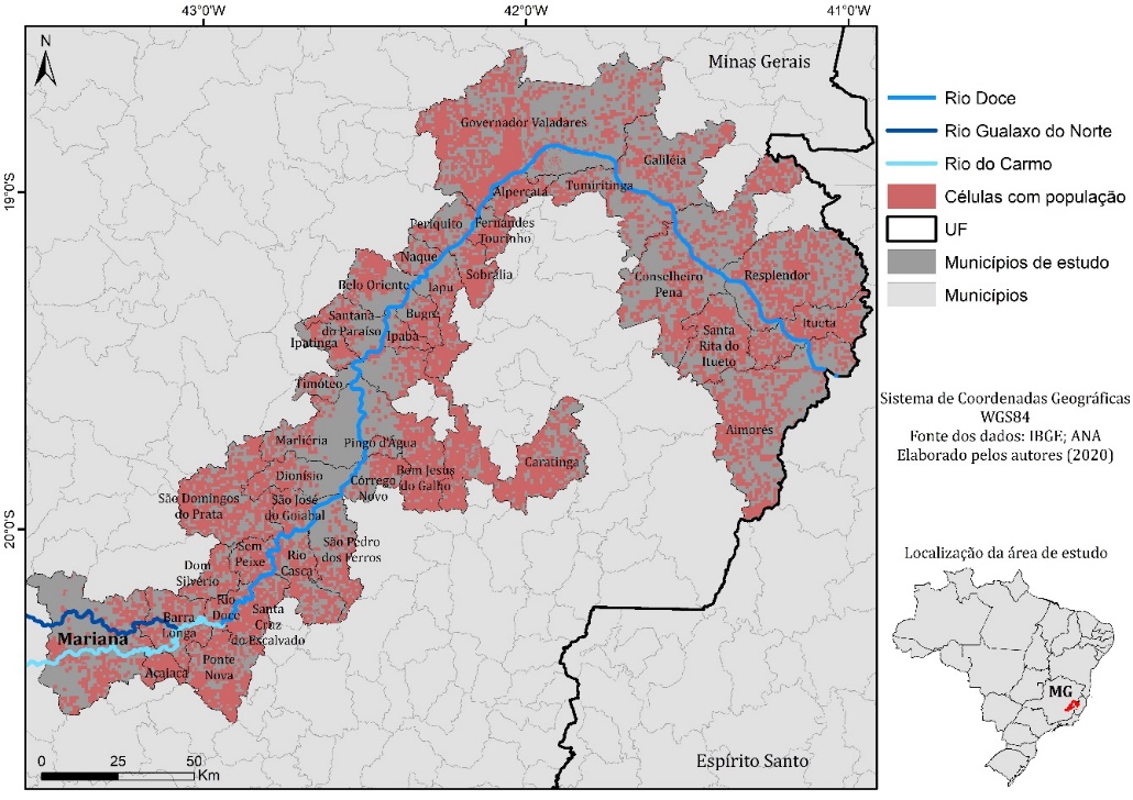 Distribuição espacial das células com população para os municípios do estado de Minas Gerais