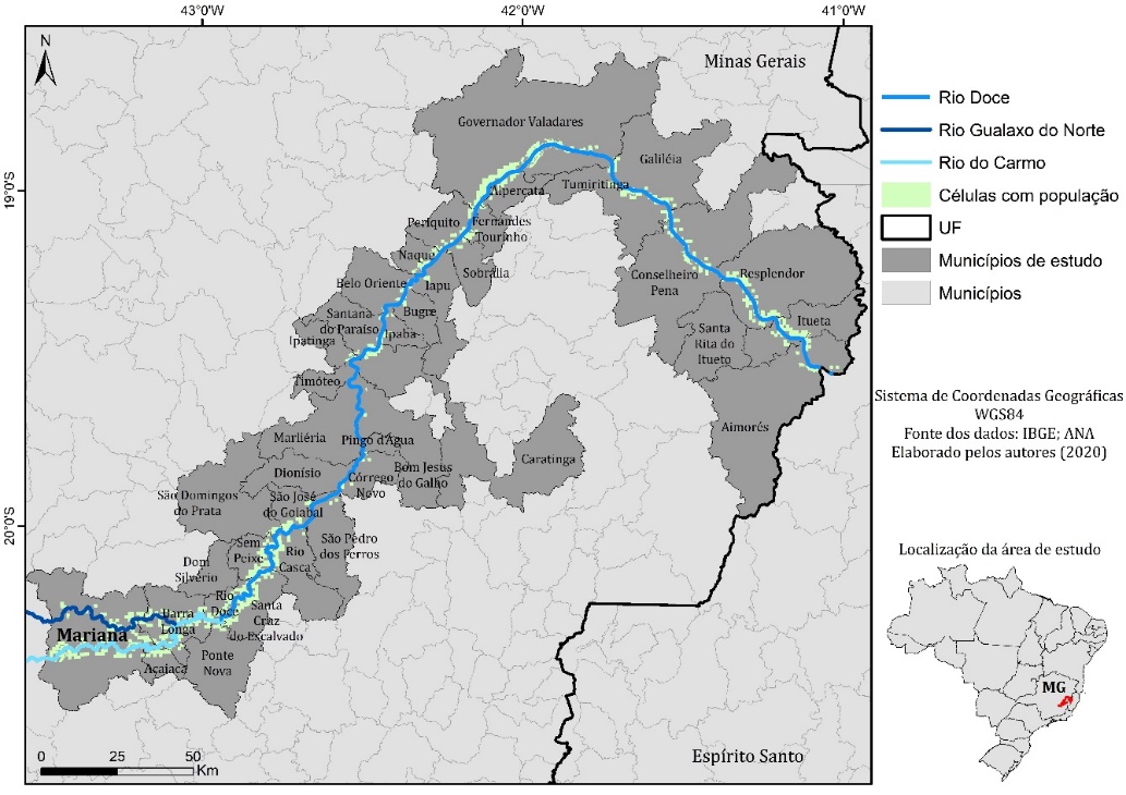 Distribuição espacial das células com população nos municípios do estado de Minas Gerais – Análise 1 (buffer 200m)