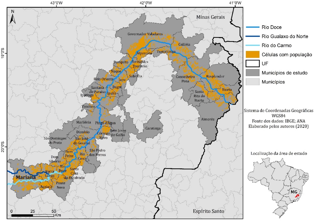 Distribuição espacial das células com população nos municípios do estado de Minas Gerais – Análise 2 (buffer 1km)