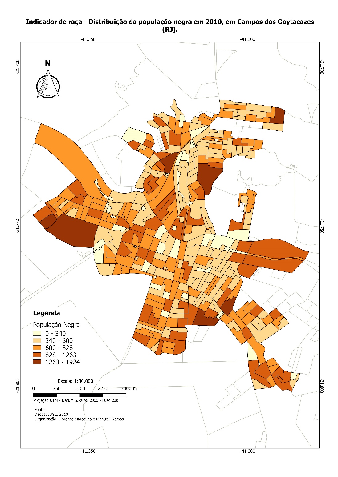Percentual da população autodeclarada preta ou parda, por bairros, Campos dos Goytacazes, 2010