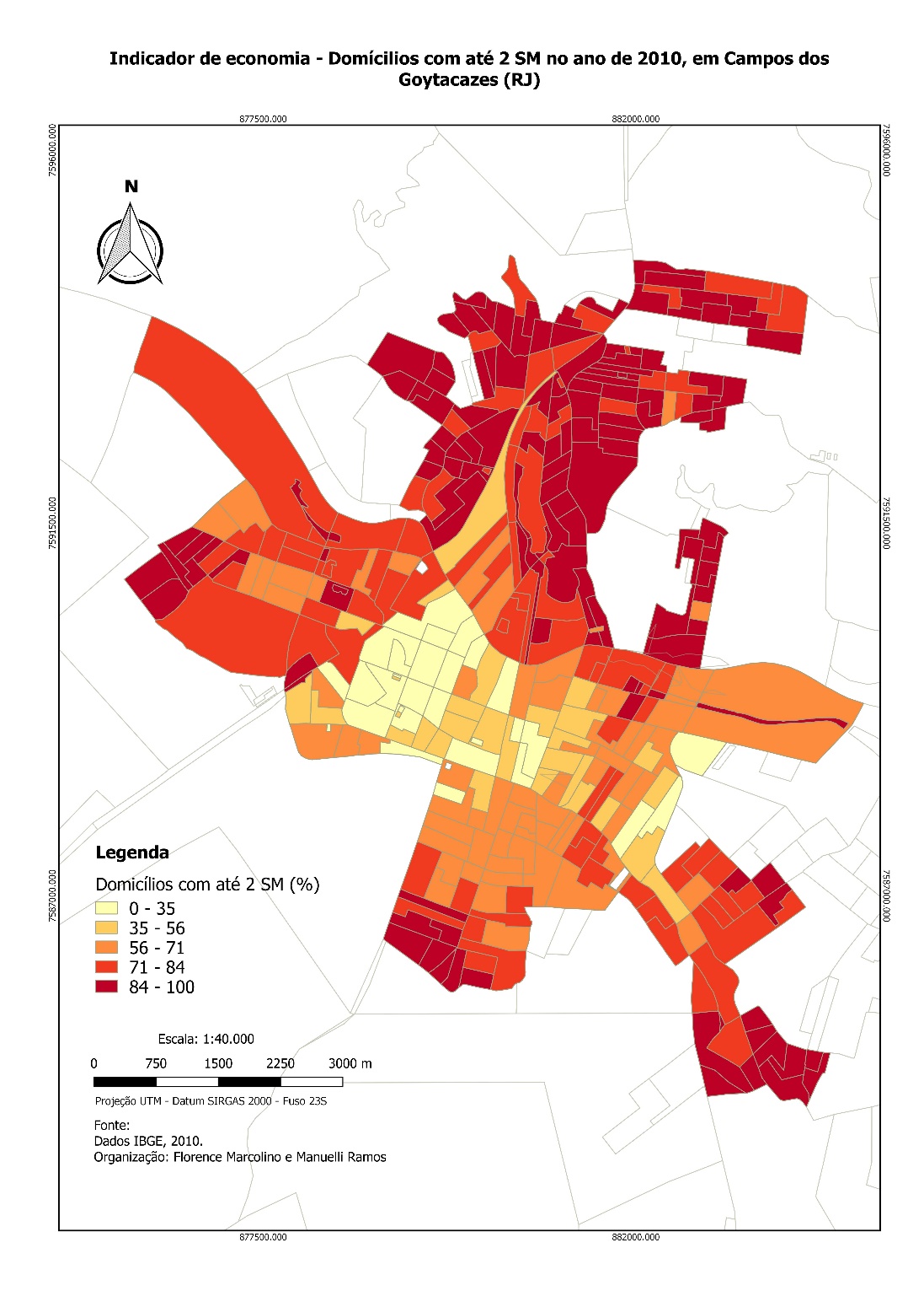 Distribuição espacial das famílias com renda familiar de até 2 salários mínimos, na cidade de Campos dos Goytacazes (RJ)