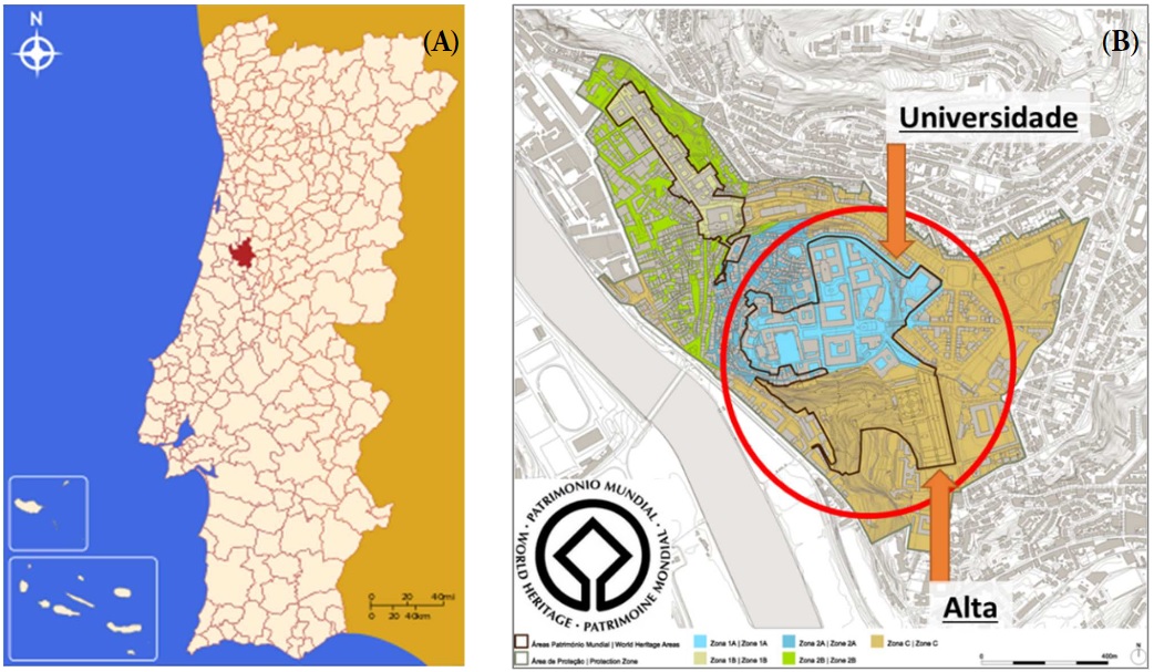  Localização do município de Coimbra em Portugal Continental (A) e da área de estudo na cidade de Coimbra (B)