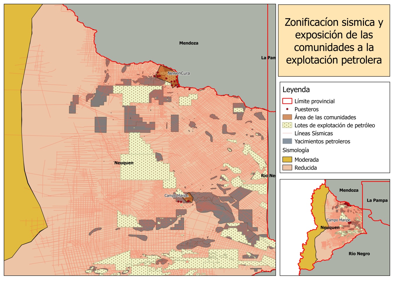 Mapa de Exposición a explotación petrolera y sismicidad. Comunidades Newen Kura y Campo Maripe