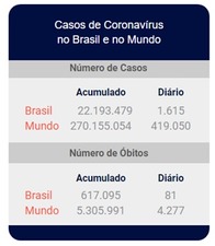 Número de casos confirmados de coronavírus e número de óbitos, no Brasil e no mundo até 13 de dezembro de 2021