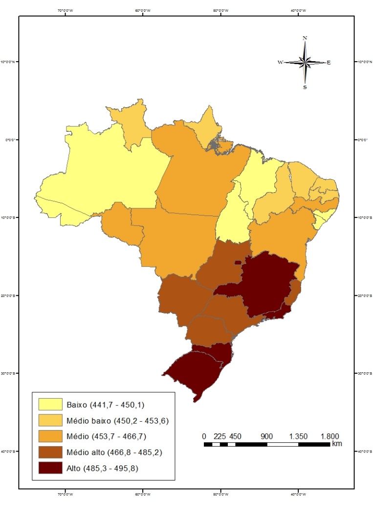 Distribuição das notas médias de desempenho dos alunos das escolas estaduais no ENEM por unidade da federação (2011)20