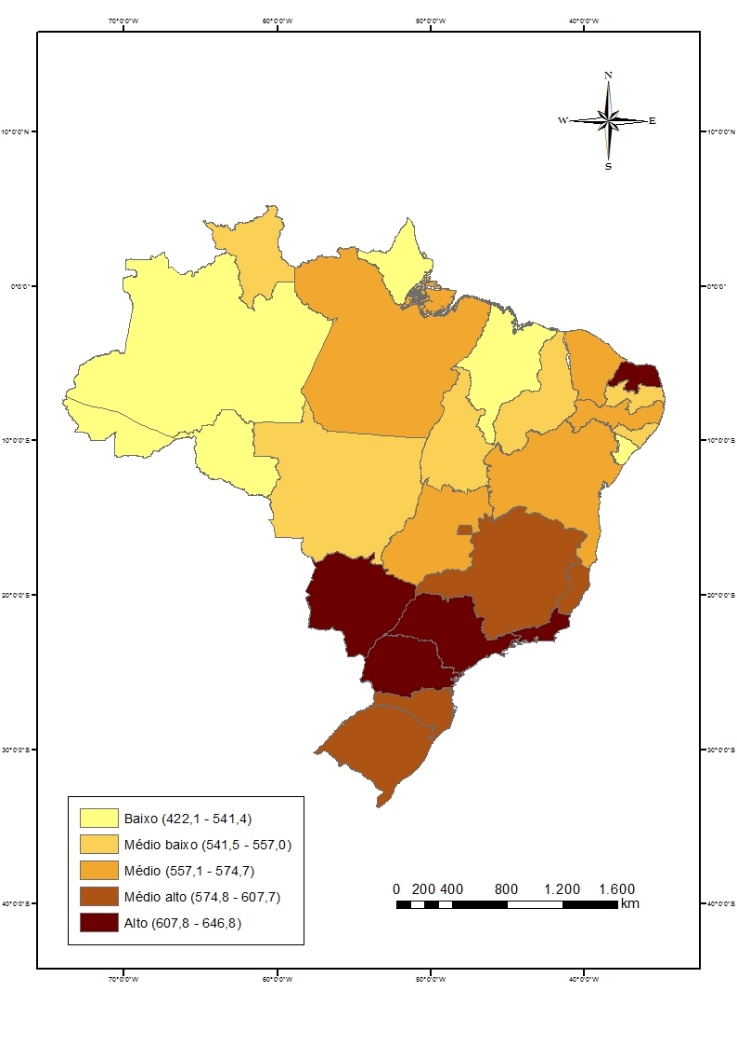 Distribuição das notas médias no ENEM das escolas federais por unidades da federação (2011)22