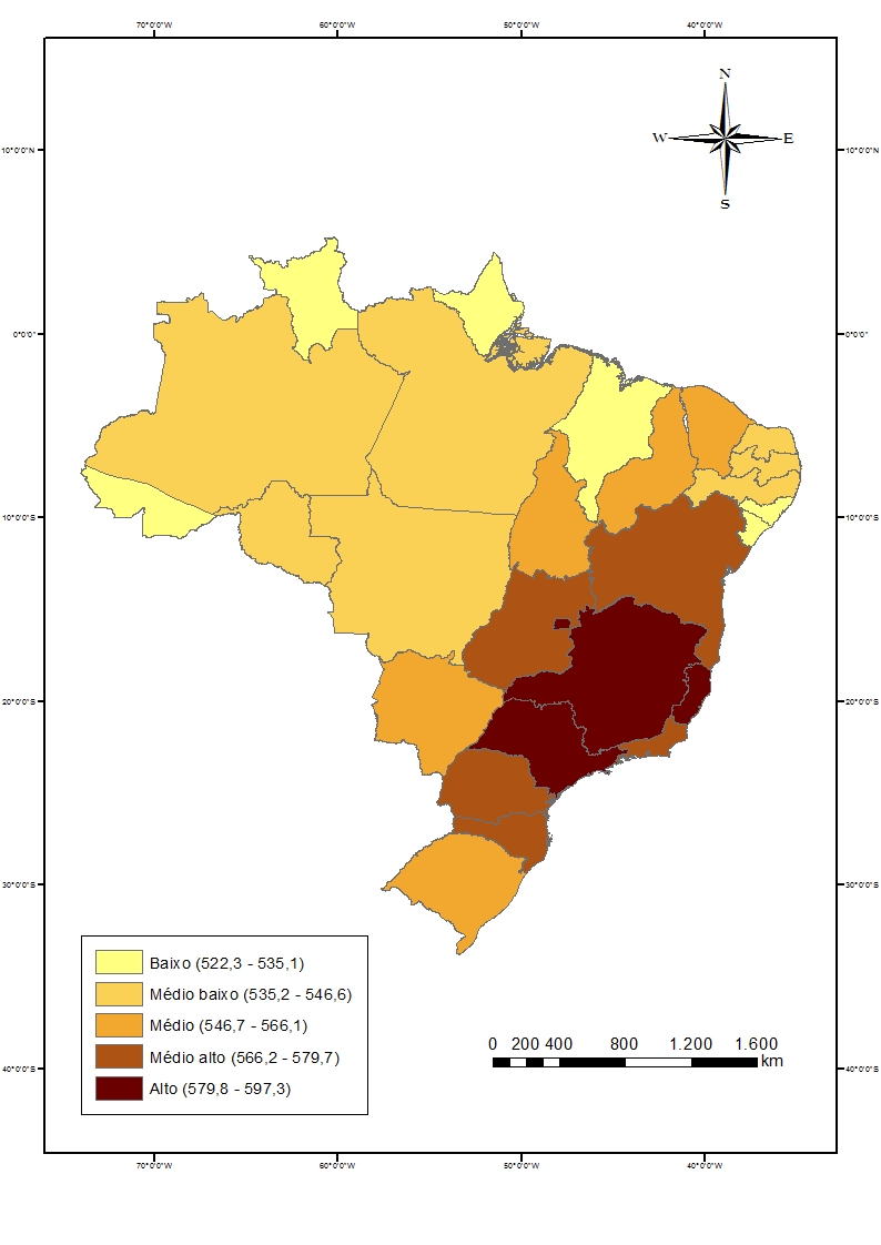 Mapa das notas das escolas privadas no ENEM, por unidades da federação (2011)23