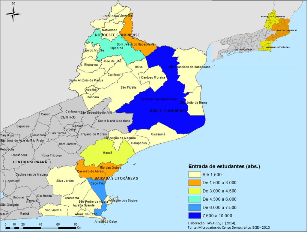 Municípios das regiões Norte, Noroeste e Baixadas Litorâneas, segundo atração de estudantes de outros municípios para estudo – 2010