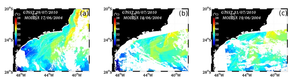 Imagens TSMc resultado da cobertura artificial de nuvens MODIS sobreposta às imagens G1SST dos dias 29/072010 (a), 30/07/2010 (b) e 31/07/2010 (c)