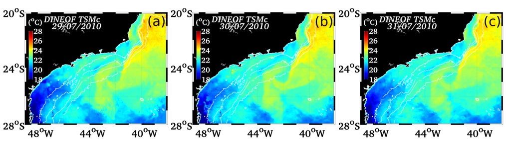 Reconstrução DINEOF das imagens TSMc com abordagem univariada dos dias 29/07/2010 (a), 30/07/2010 (b) e 31/07/2010 (c)