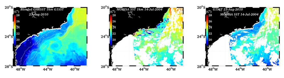 Imagens G1SST, 23 de agosto de 2010 (painel esquerdo); Imagem TSM MODIS-AQUA, 14 de julho de 2004 (painel central); Imagens TSMc, nuvens MODIS (14 de julho de 2004) sobrepostas (pixel removidos) à imagem G1SST (23 de agosto de 2010)