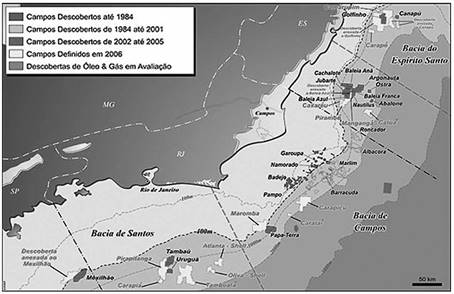 Mapa com datas de descobertas dos Campos Petrolíferos