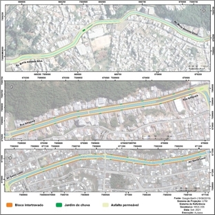 Alocação das intervenções propostas no entorno dos Córregos Ipiranga e Teixeiras, com destaque para a pavimentação permeável na Avenida Maria Almeida Silva (A), Rua Ibitiguaia (B) e Avenida Santa Luzia (C)