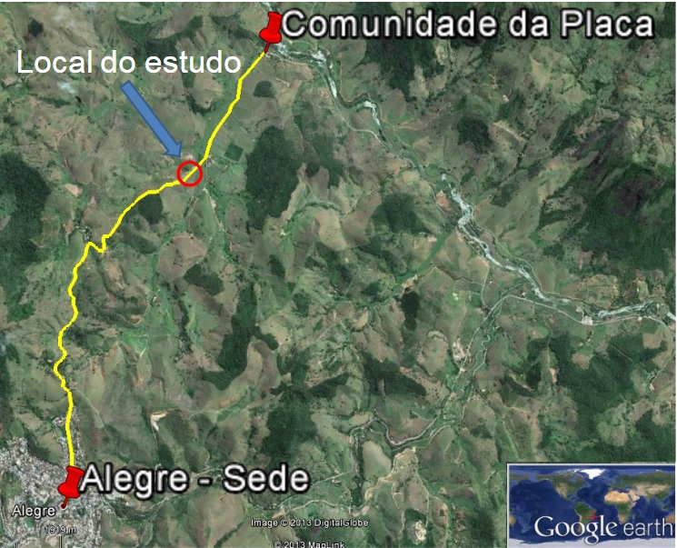 Localização da área de estudo na estrada rural que liga o distrito sede de Alegre à comunidade da Placa, Alegre, estado do Espírito Santo, Brasil
