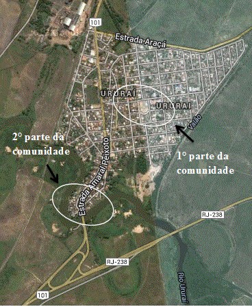 Imagem situando as duas partes selecionadas da comunidade do bairro Ururaí – Campos dos Goytacazes/RJ
