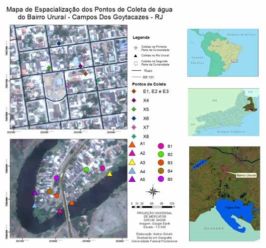 Identificação dos pontos de coleta da água fornecida pela concessionária e dos pontos de coleta no rio Ururaí