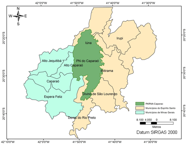 Disposição geográfica dos municípios estudados em relação ao PARNA Caparaó